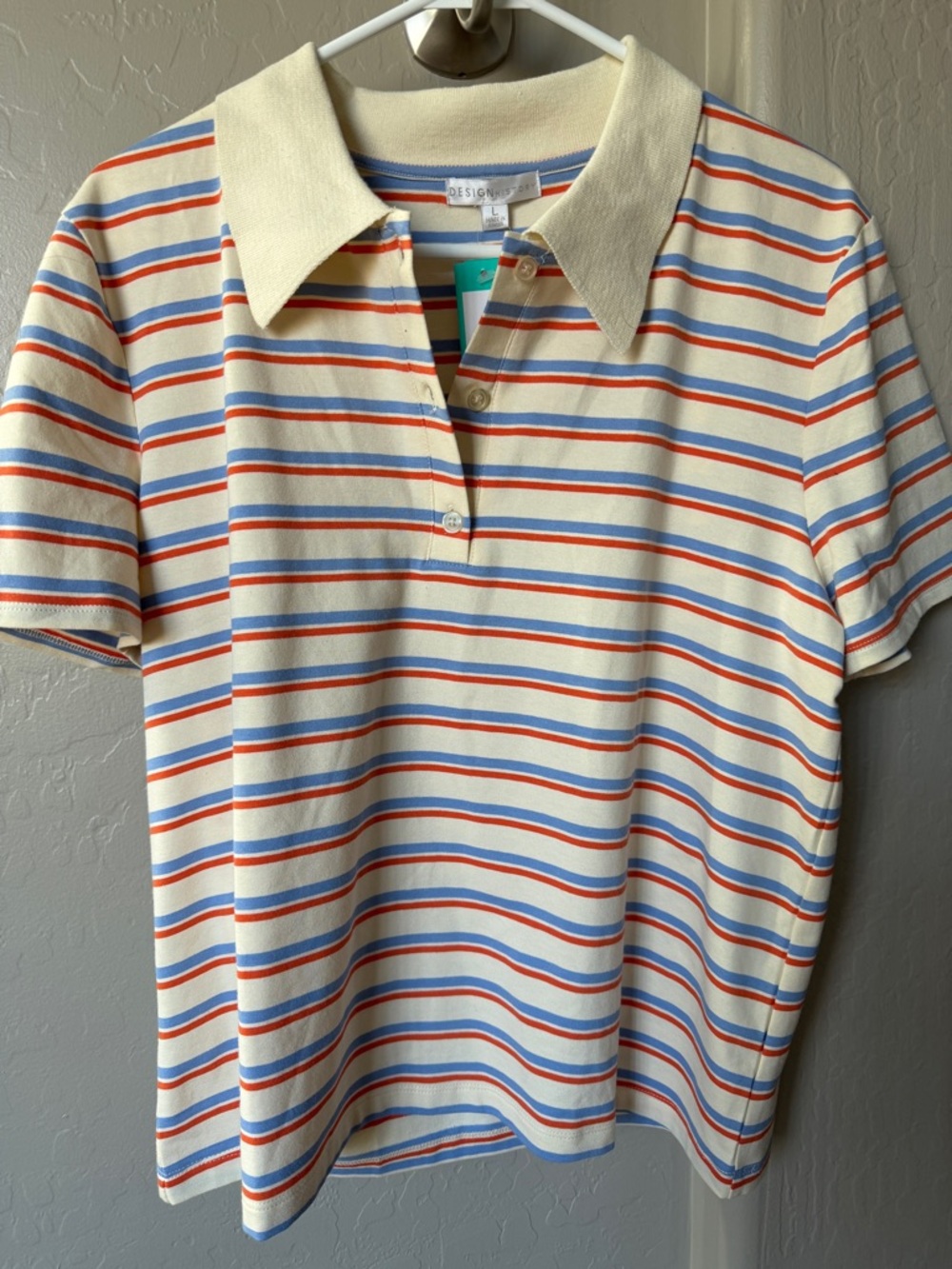 Cream Stripe Polo Shirt with Blue & Orange Stripes